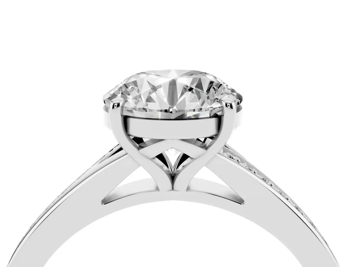 Round Cut Diamond Solitaire Ring with Pavé Band and Prong Setting Platinum