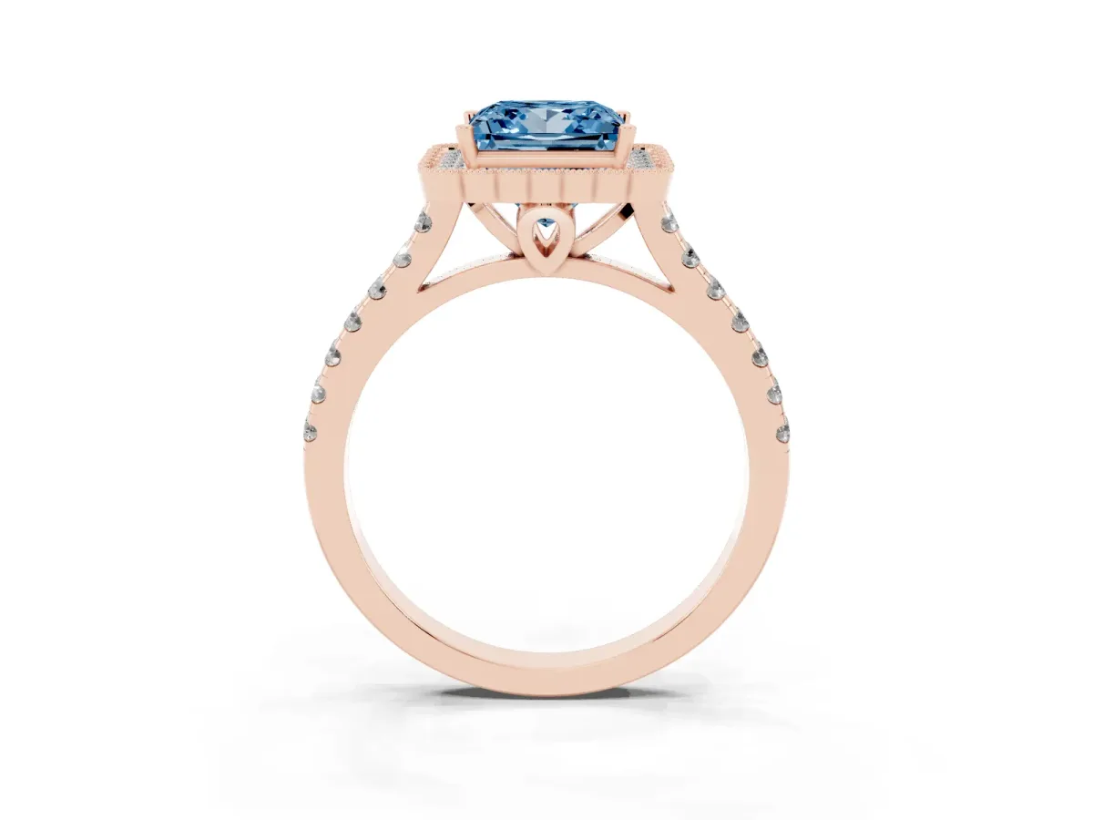 Fancy Blue Princess Cut Cut Diamond Milgrain Floral Halo Engagement Ring with Pavé Band Rose gold