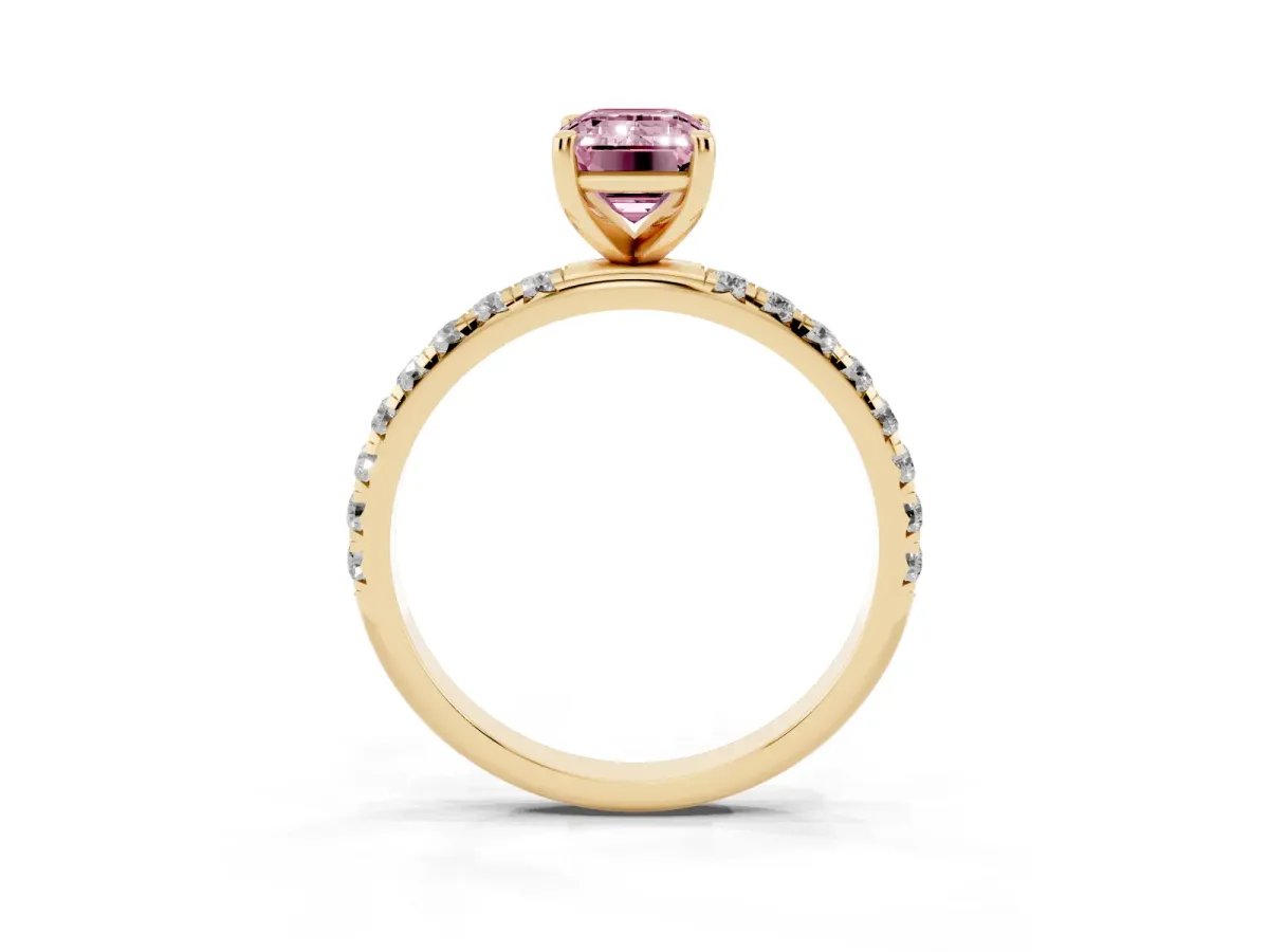 Fancy Pink Emerald Cut Cut Diamond Solitaire Ring with Micro Pave Band and Four Prong Setting Yellow gold