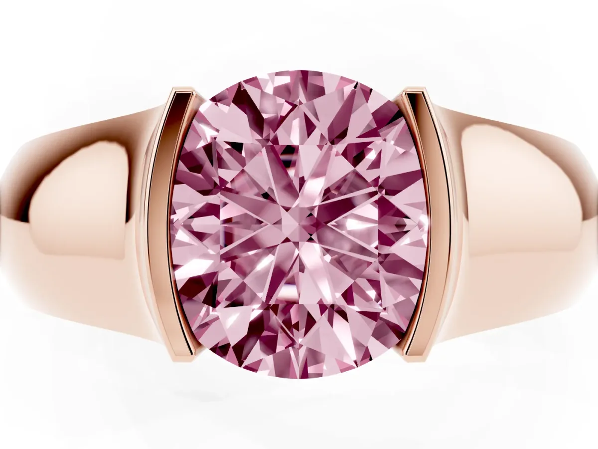 Fancy Pink Round Cut Solitaire Bezel Set Diamond Ring with Wide Band Rose gold
