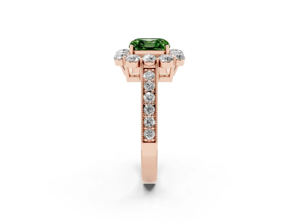 Fancy Green Asscher Cut Cut Halo Diamond Pavé Engagement Ring with Milgrain Detailing Rose gold