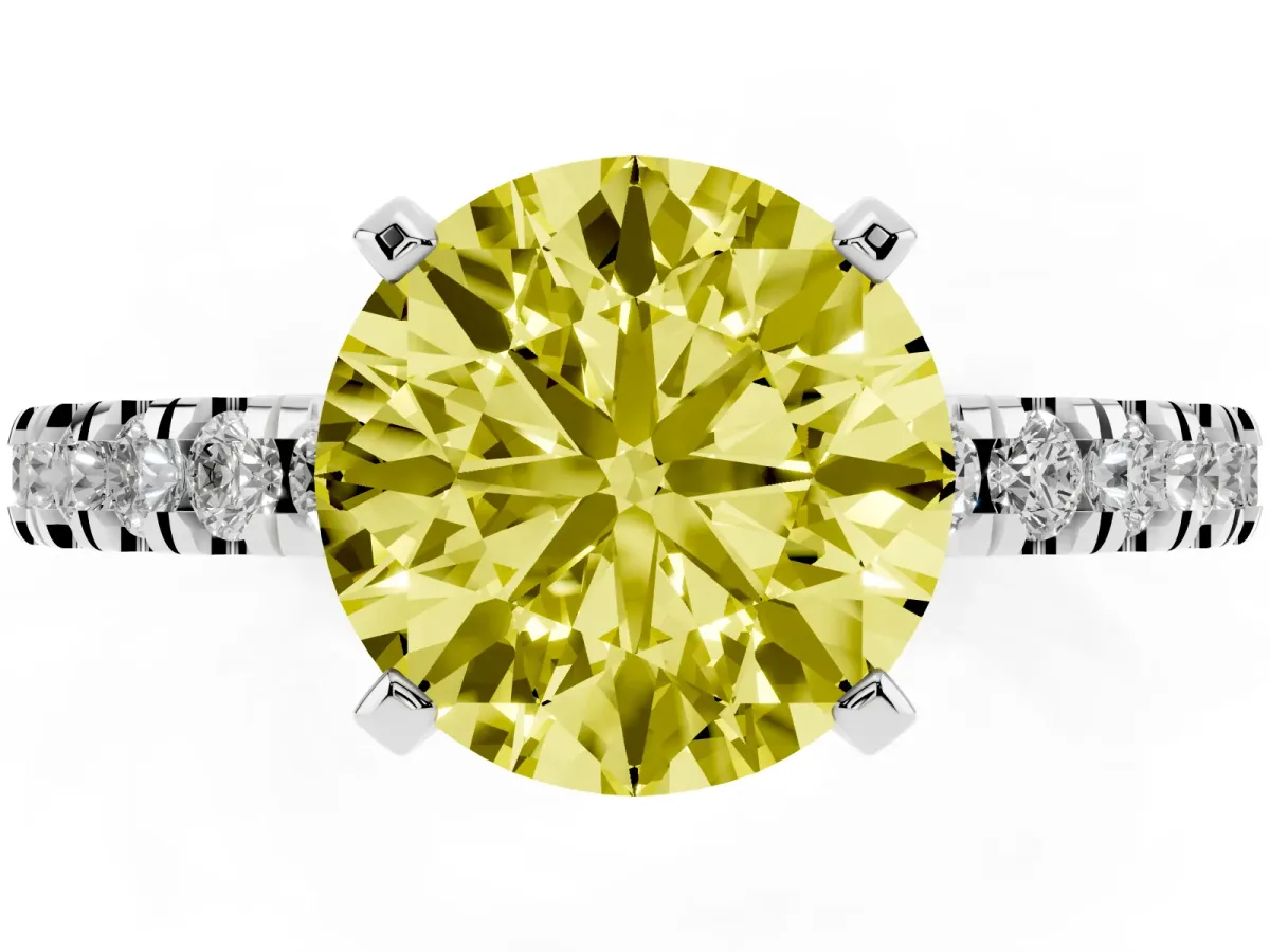 Fancy Yellow Round Cut Solitaire Diamond with Pavé Band and Four-Prong Setting Platinum