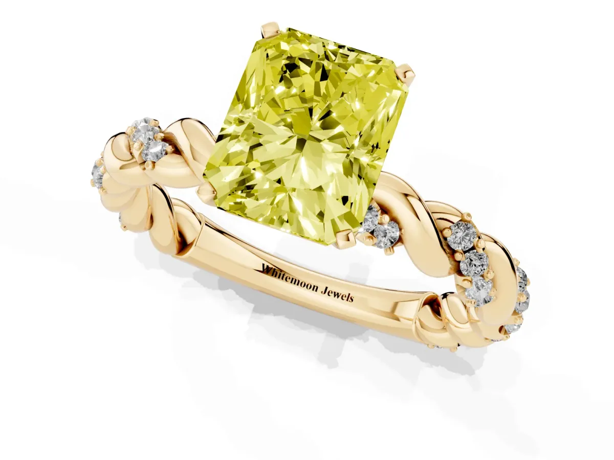 Fancy Yellow Radiant Cut Diamond Solitaire Ring with Twisted Band and Pavé Accents Yellow gold