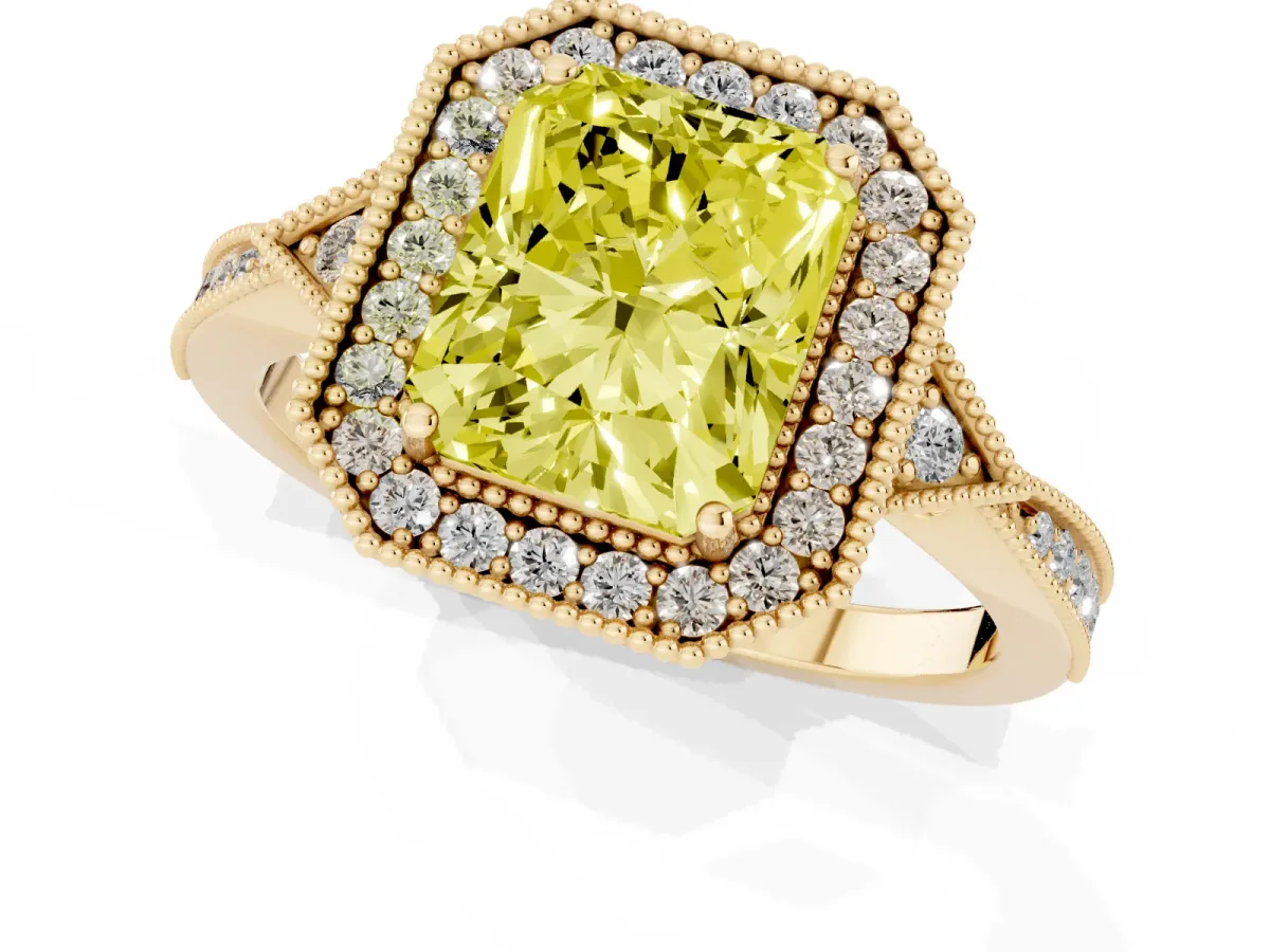 Fancy Yellow Radiant Cut Halo Round Diamond Milgrain Pave Engagement Ring Yellow gold