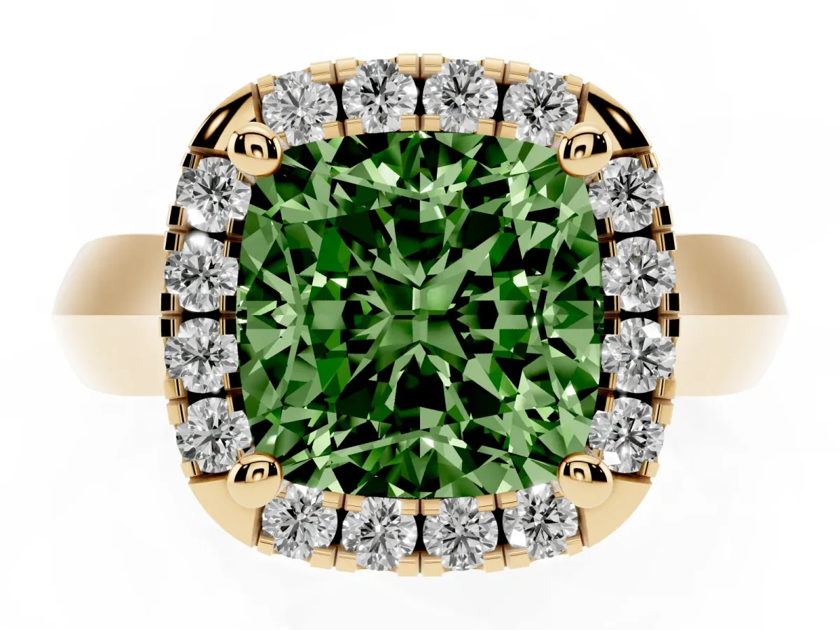 Fancy Green Cushion Cut Cut Halo Solitaire Engagement Ring with Square Band and Four-Prong Setting Yellow gold