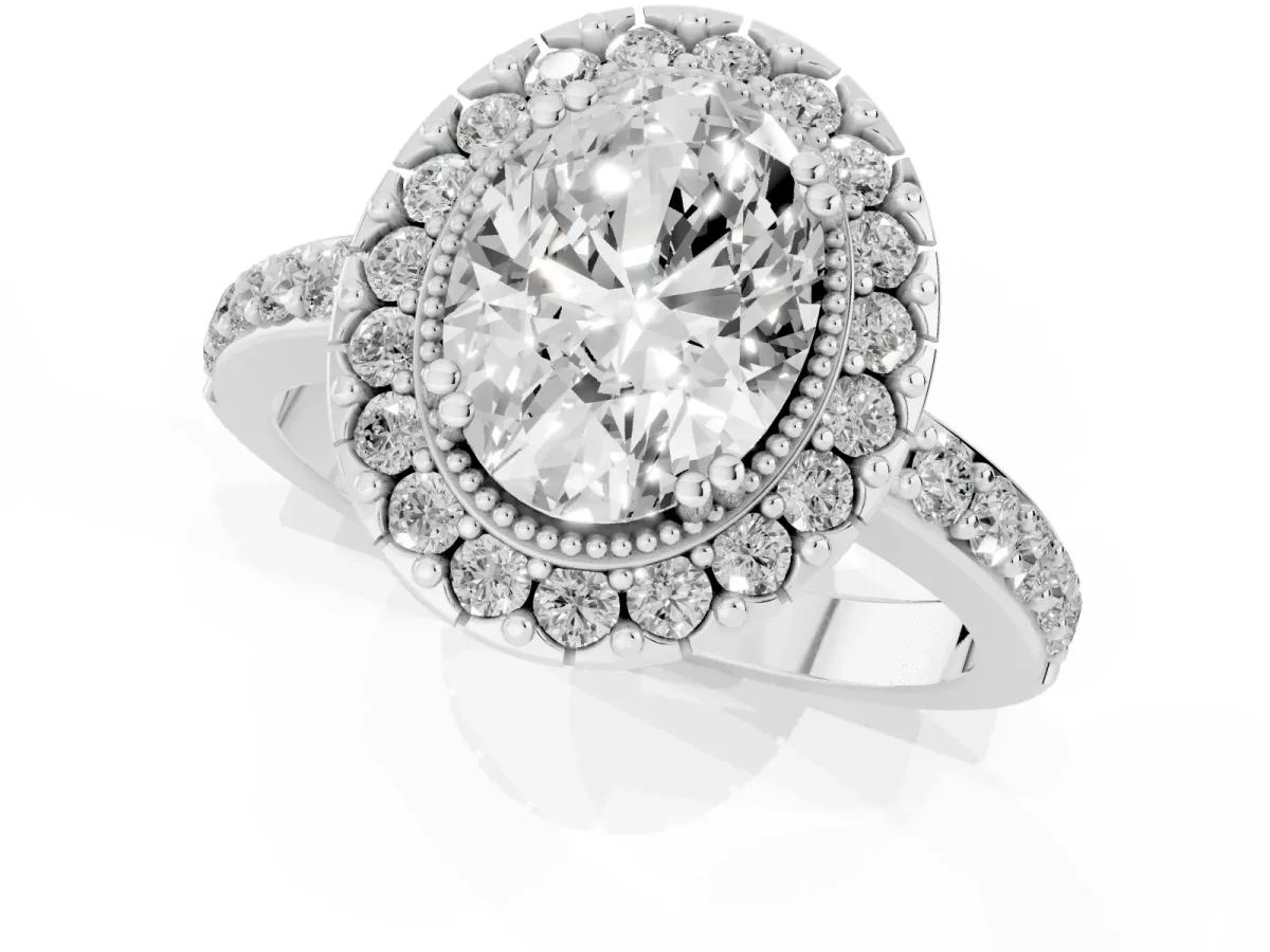 Oval Cut Diamond Halo Ring with Pavé Band and Prong Setting Silver