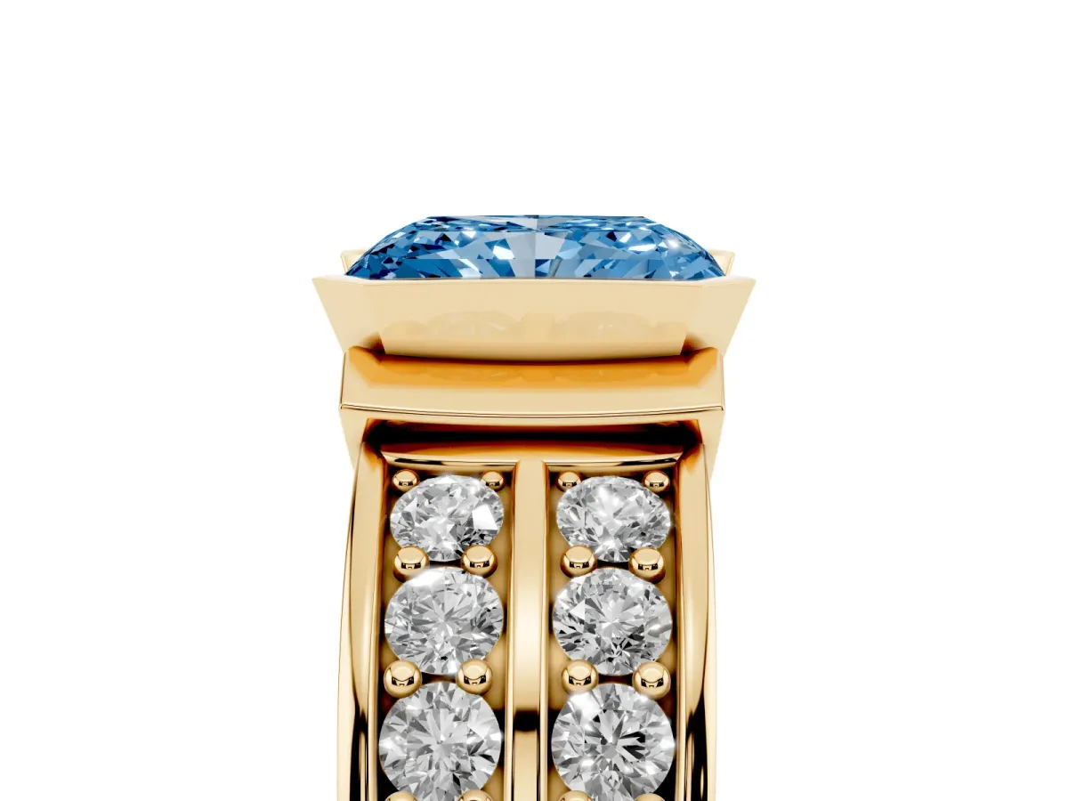 Fancy Blue Radiant Cut Brilliant Diamond Channel Set Wide Band Ring with Bezel Setting Yellow gold