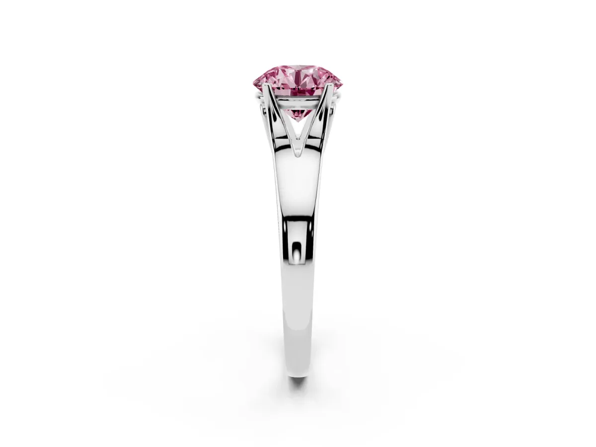 Fancy Pink Round Cut Solitaire Diamond Ring with Cathedral Band and Four-Prong Setting Silver