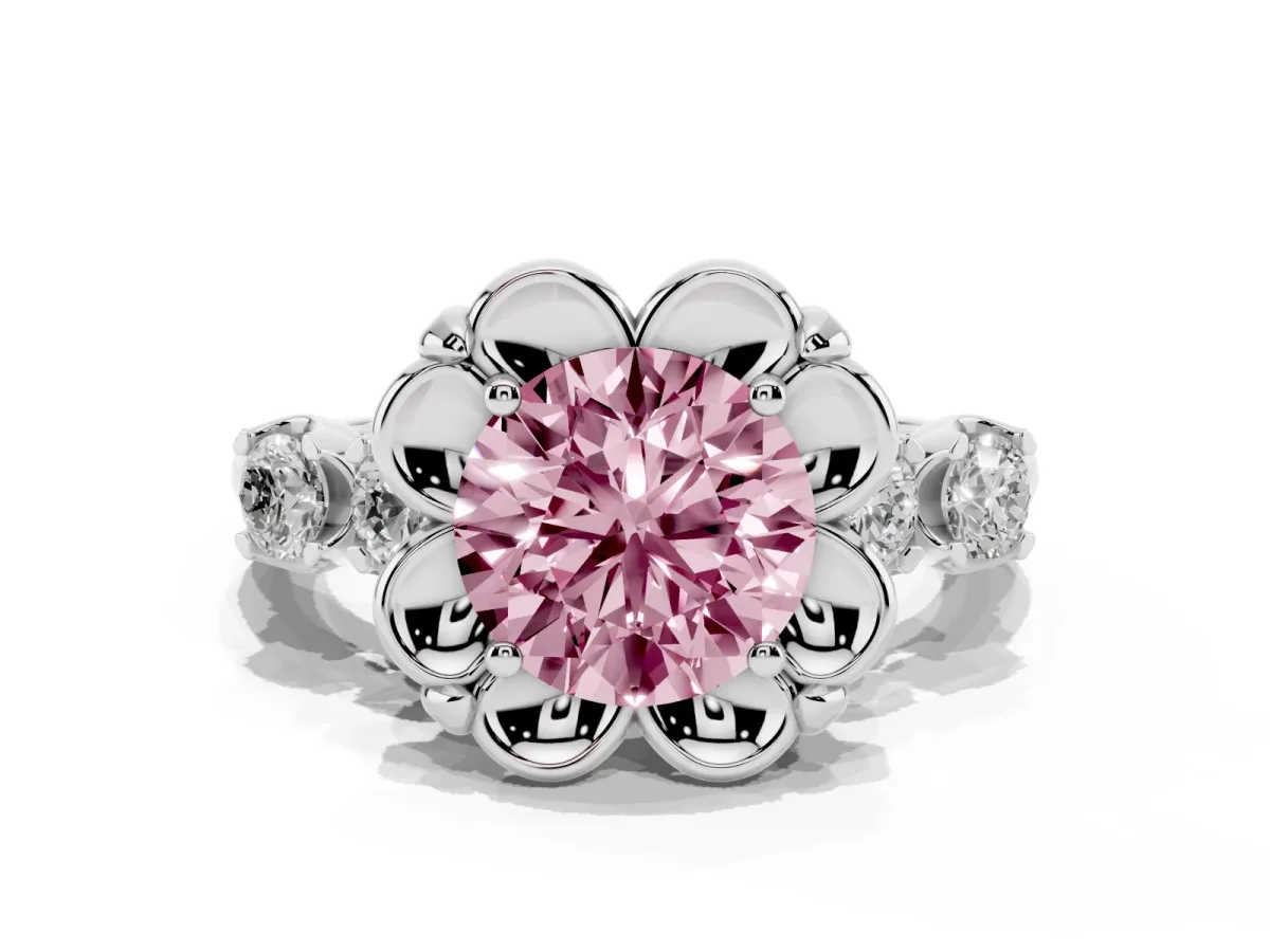 Fancy Pink Round Cut Cut Diamond Floral Halo Engagement Ring with Shared Prong Setting Silver