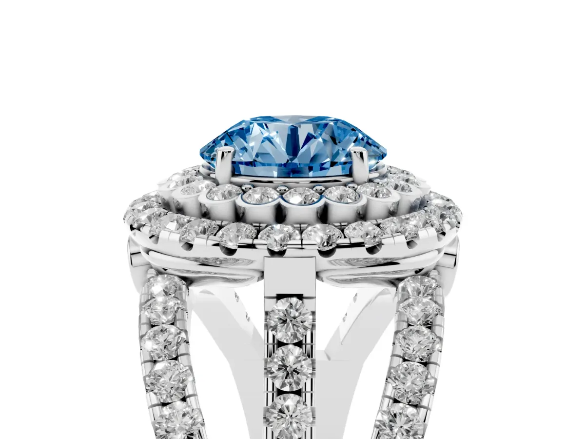 Fancy Blue Round Cut Diamond Double Halo Ring with Round Pavé Split Shank and Prong Setting Silver