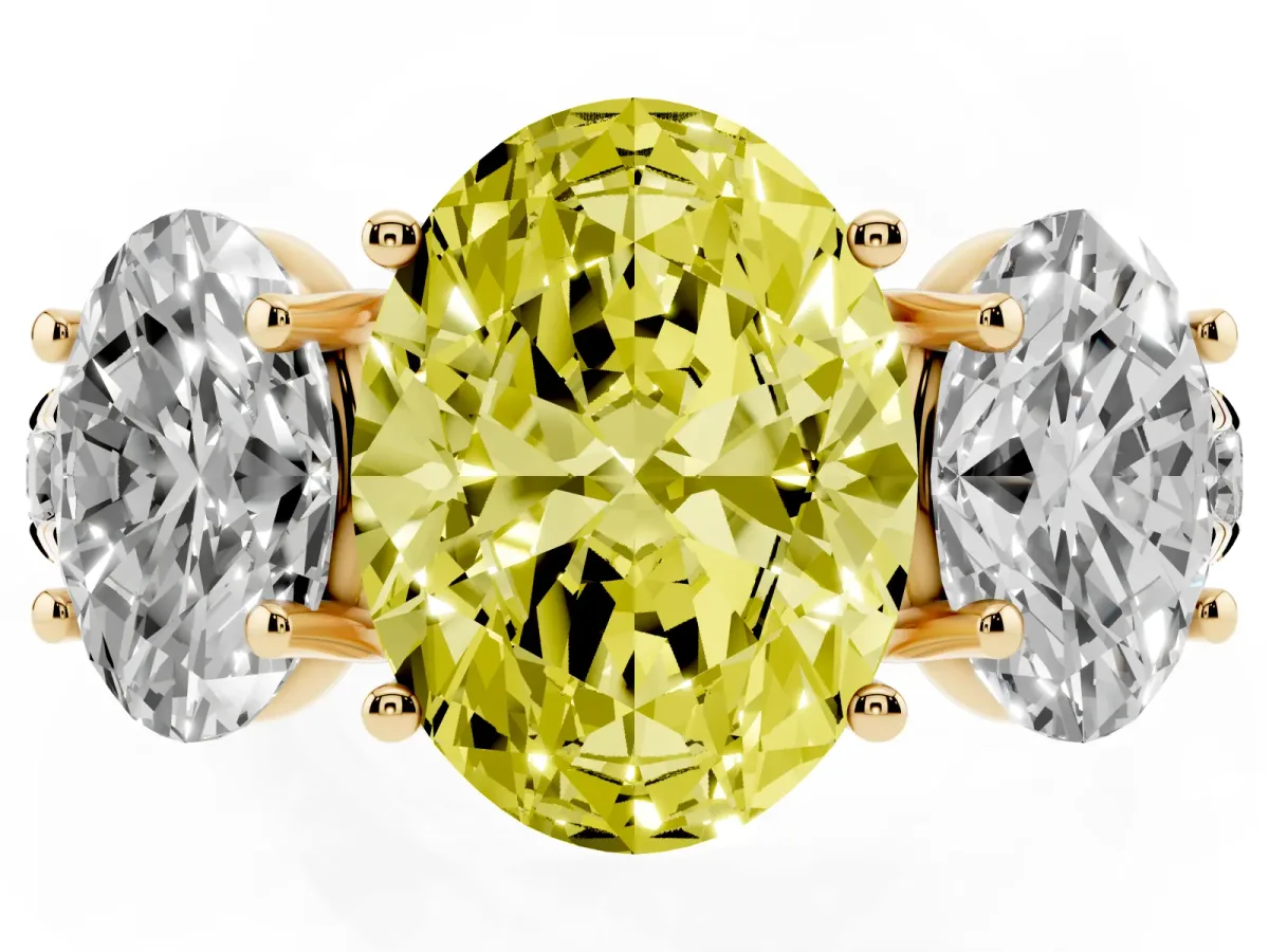 Fancy Yellow Three-Stone Oval Cut Diamond Pavé Band with Prong Setting Yellow gold