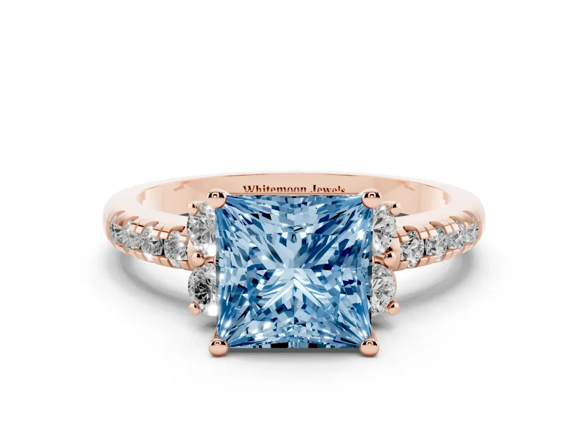 Fancy Blue Princess Cut Diamond Three-Stone Pave Band with Four-Prong Setting Rose gold