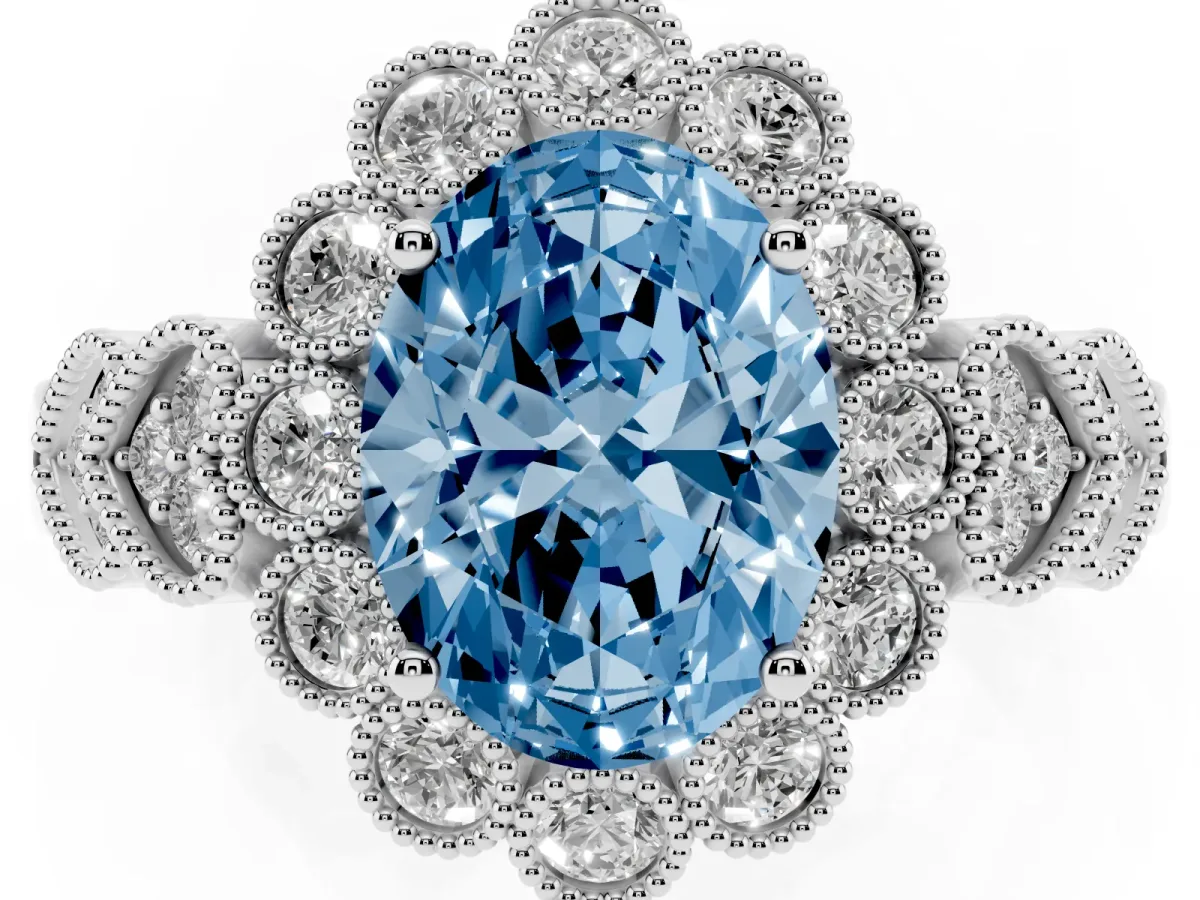 Fancy Blue Oval Cut Brilliant Milgrain Pave Heart Band Solitaire Ring Platinum