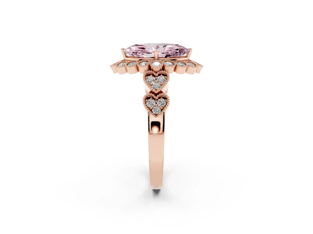 Fancy Pink Marquise Cut Brilliant Milgrain Pave Heart Band Solitaire Ring Rose gold