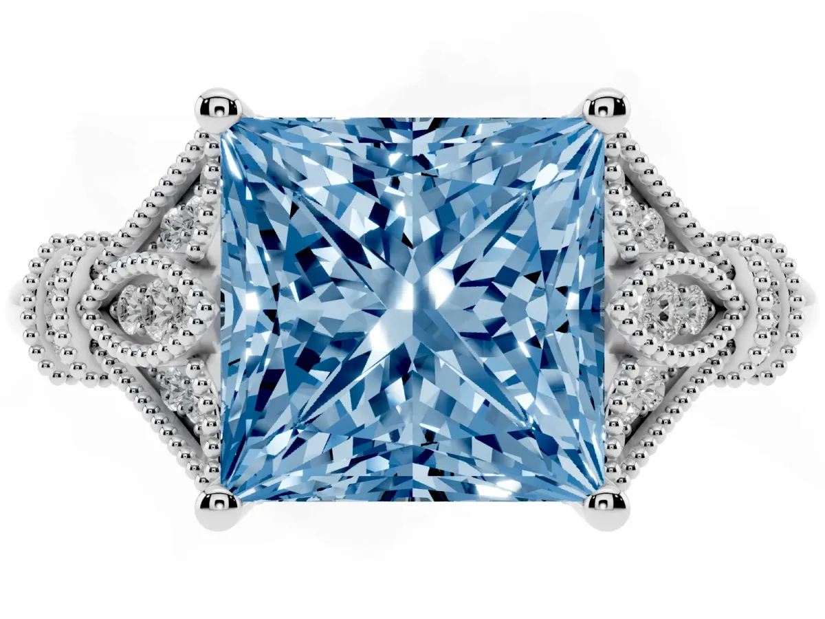 Fancy Blue Princess Cut Diamond Solitaire Ring with Floral Filigree and Pave Accents White gold