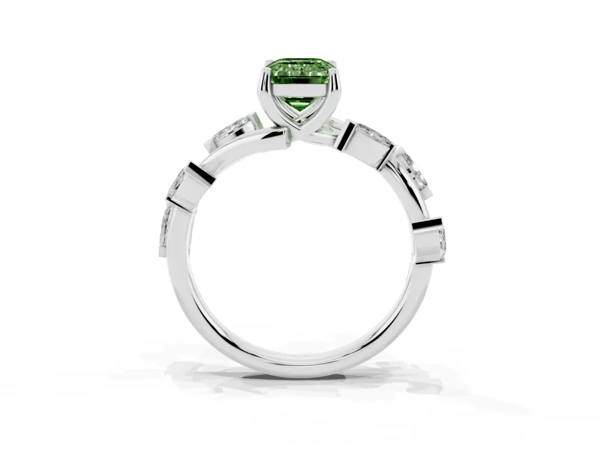 Fancy Green Emerald Cut Solitaire Twisted Band Marquise Accent Prong Setting Ring White gold