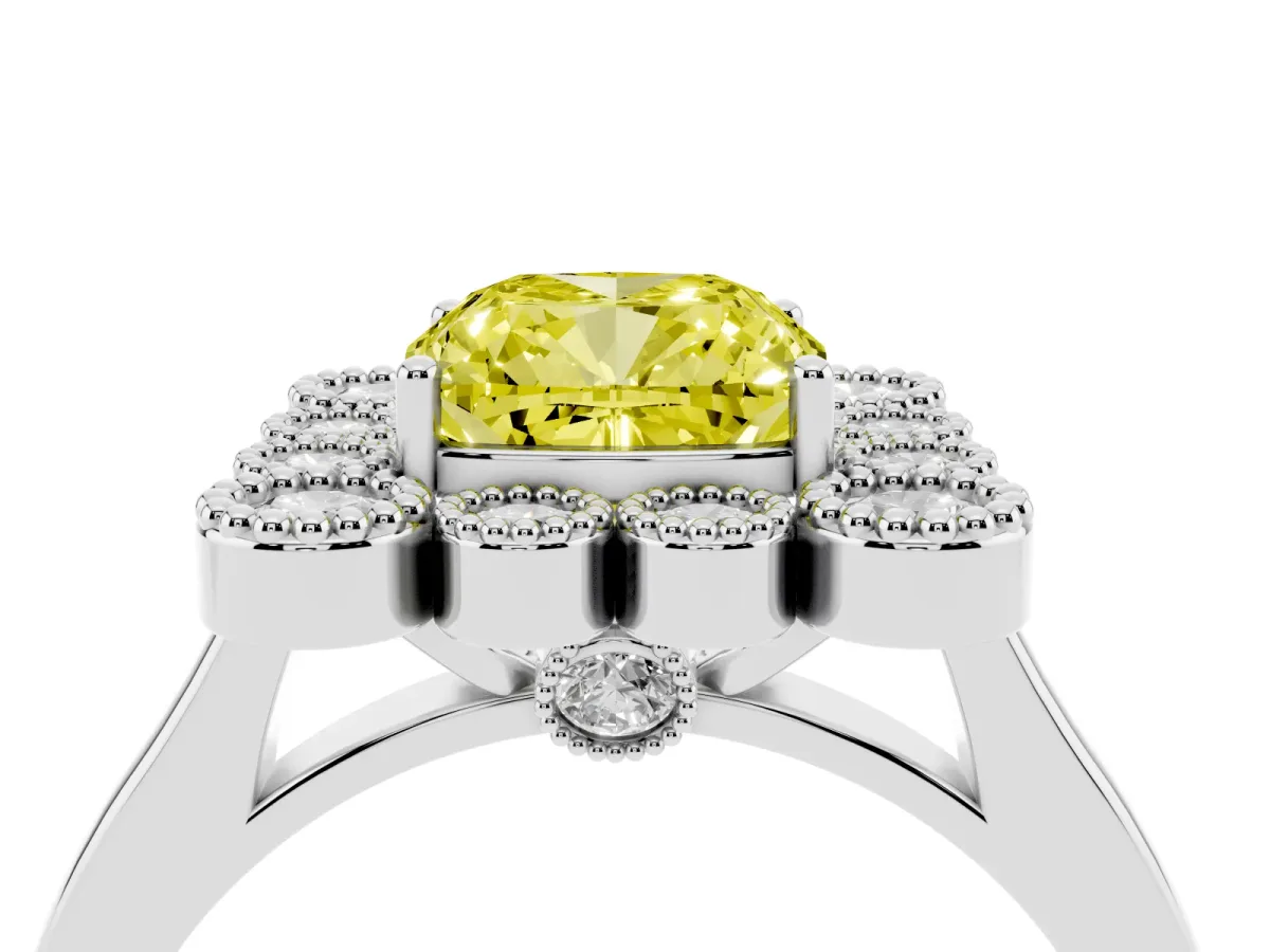 Fancy Yellow Cushion Cut Halo Diamond Cluster Engagement Ring with Milgrain Bezel Setting and Solitaire Band Silver