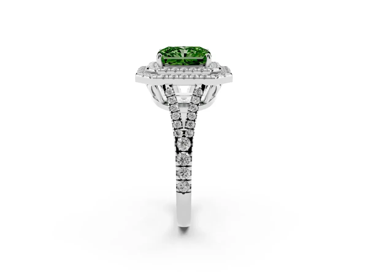 Fancy Green Radiant Cut Diamond Double Halo Ring with Pavé Band and Prong Setting Platinum