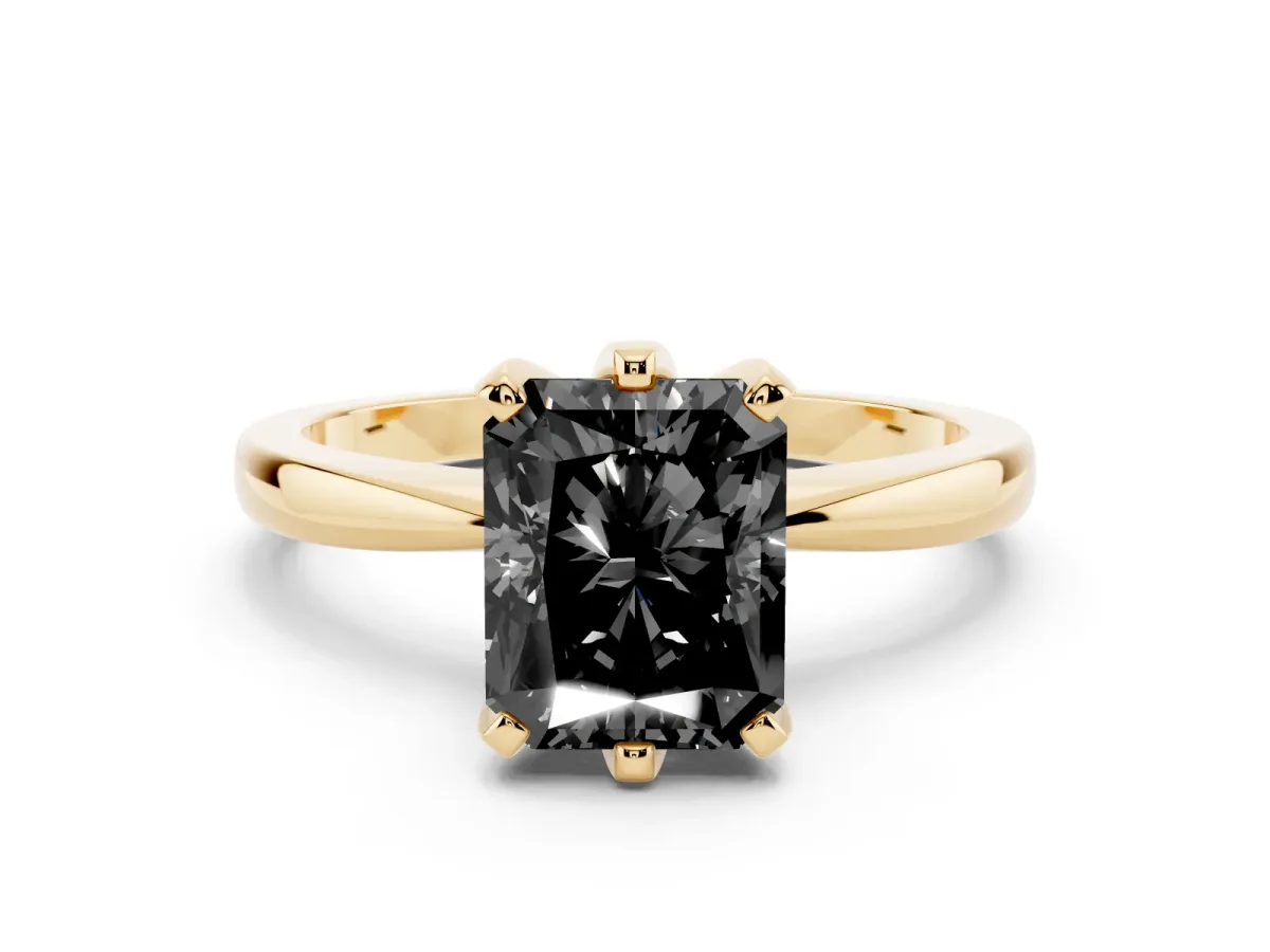Fancy Black Radiant Cut Solitaire Engagement Ring with Six-Prong Setting and Tapered Band Yellow gold