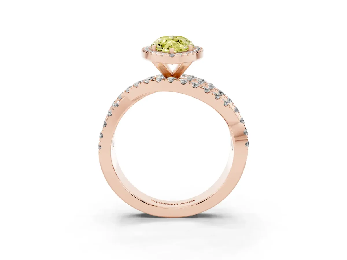 Fancy Yellow Marquise Cut Diamond Halo Ring with Round Split Shank and Prong Setting Rose gold