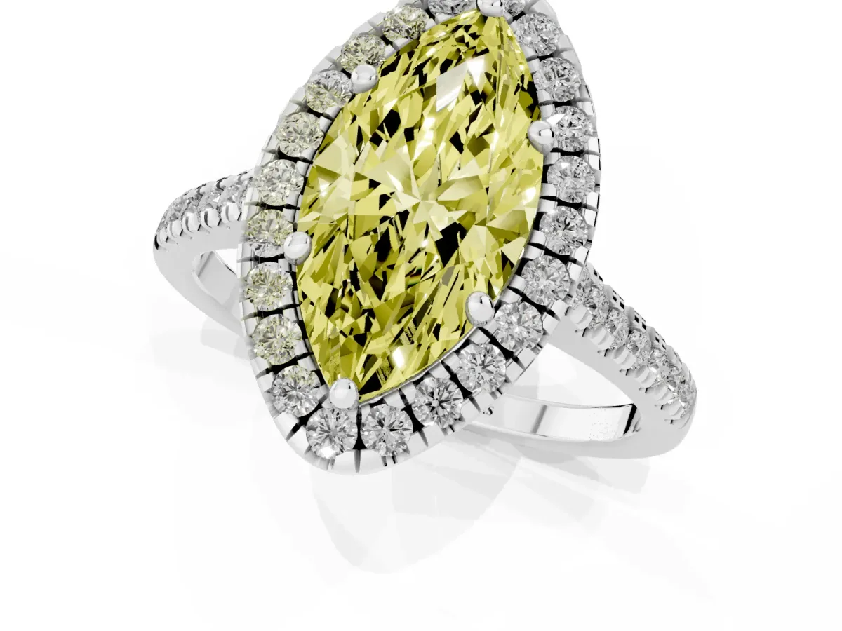 Fancy Yellow Marquise Cut Diamond Cushion Halo Ring with Pavé Band Platinum