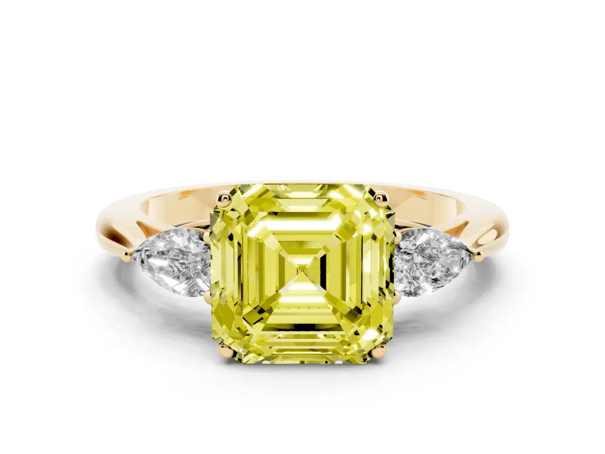 Fancy Yellow Asscher Cut Diamond Three-Stone Ring with Pear Side Stones and Prong Setting Yellow gold