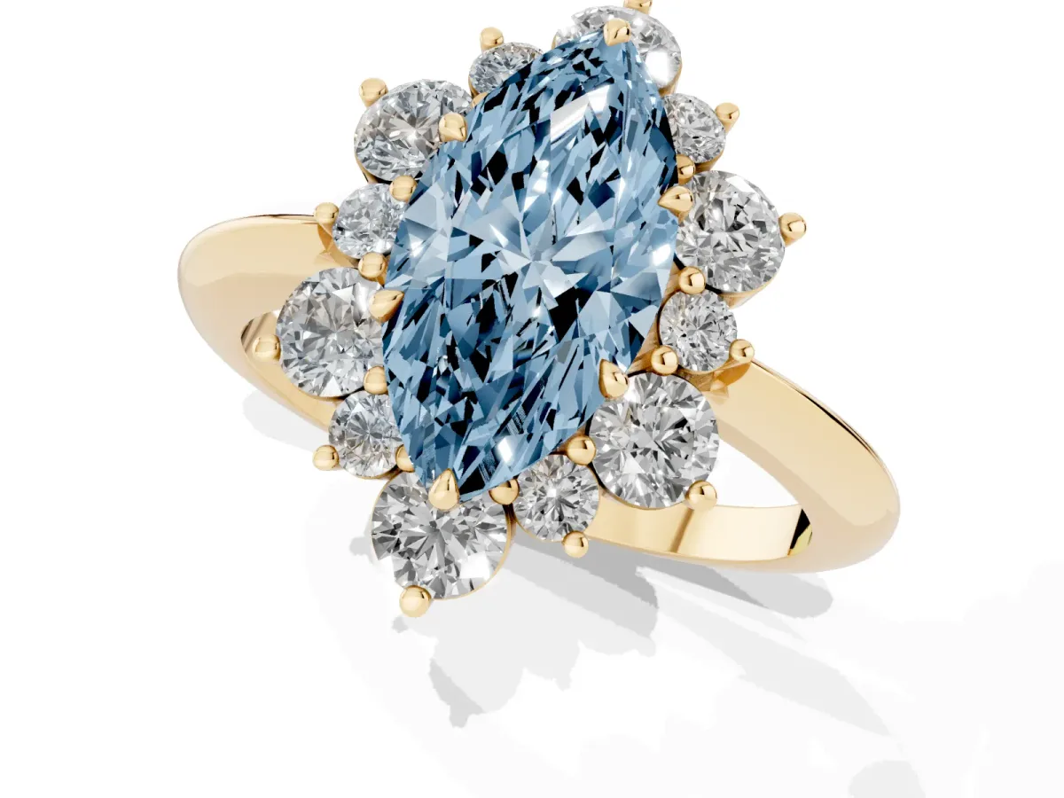 Fancy Blue Marquise Cut Diamond Cluster Halo Ring with Solitaire Band and Four-Prong Setting Yellow gold