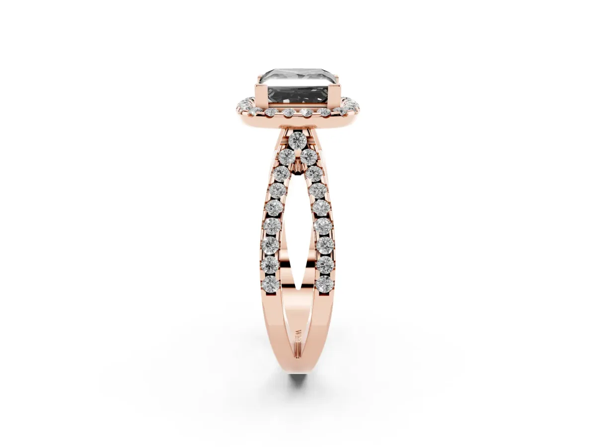 Fancy Black Princess Cut Diamond Halo Ring with Split Shank Pavé Band and Prong Setting Rose gold