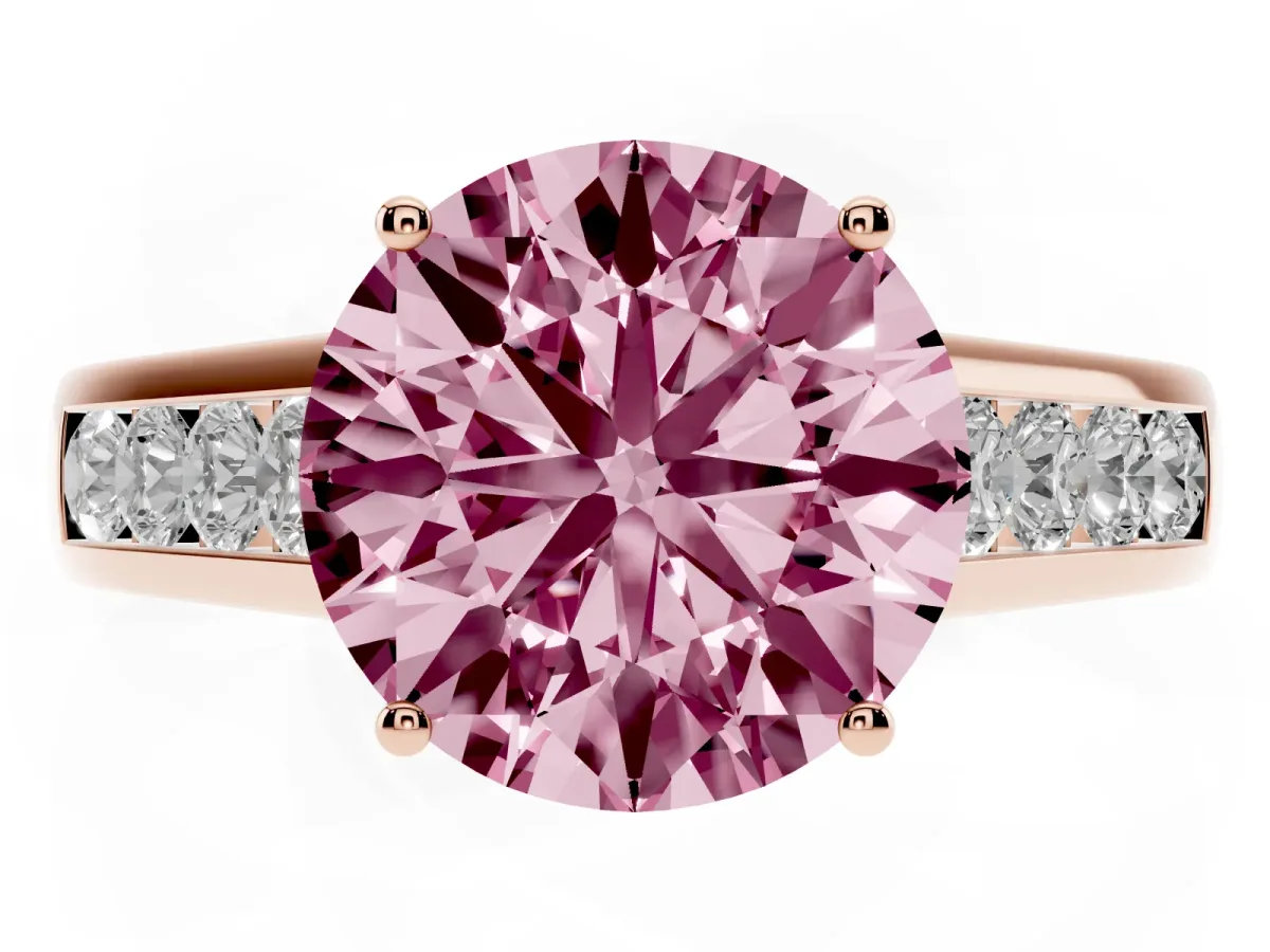 Fancy Pink Round Cut Solitaire Channel-Set Diamond Engagement Ring with Four-Prong Setting Rose gold