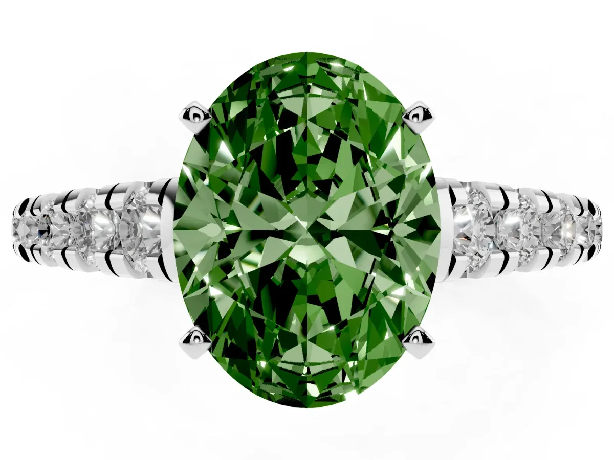 Fancy Green Oval Cut Diamond Cathedral Solitaire Ring with Round Pavé Band Silver