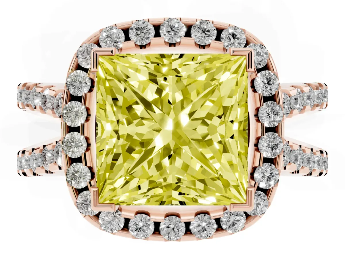 Fancy Yellow Princess Cut Diamond Halo Ring with Split Shank Pavé Band and Prong Setting Rose gold