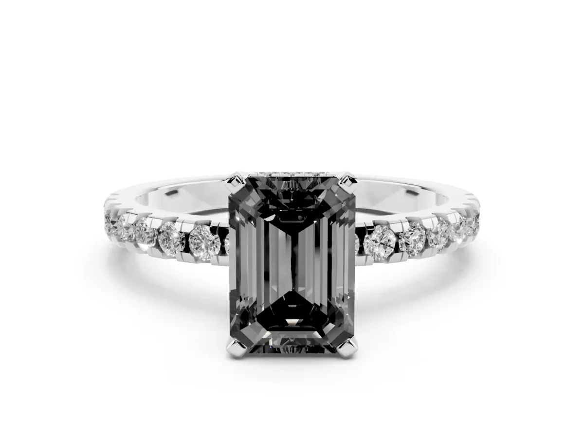 Fancy Black Emerald Cut Diamond Solitaire Ring with Round Pavé Band and Four-Prong Setting Silver