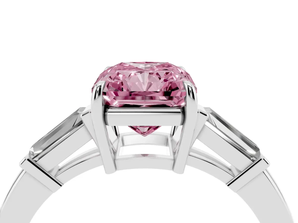 Fancy Pink Radiant Cut Diamond Three-Stone Ring with Tapered Baguette Side Stones and Prong Setting Silver