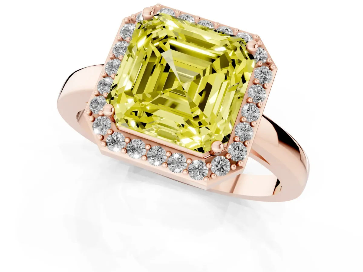 Fancy Yellow Asscher Cut Halo Diamond Ring with Solitaire Band and Prong Setting Rose gold