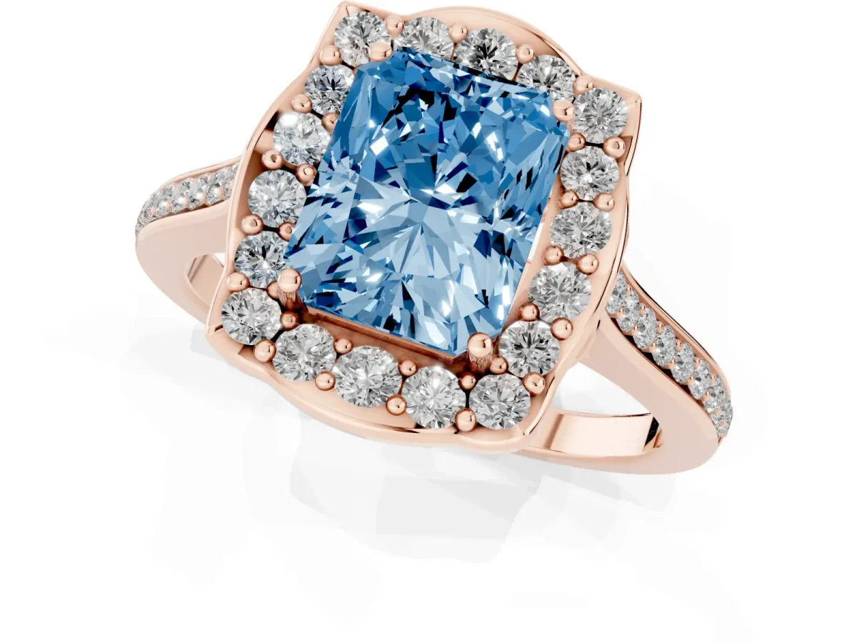 Fancy Blue Radiant Cut Halo Round Diamond Pave Band with Four-Prong Setting Rose gold