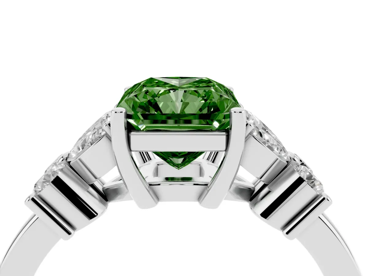 Fancy Green Radiant Cut Diamond Floral Cluster Ring with Solitaire Band and Prong Setting Platinum