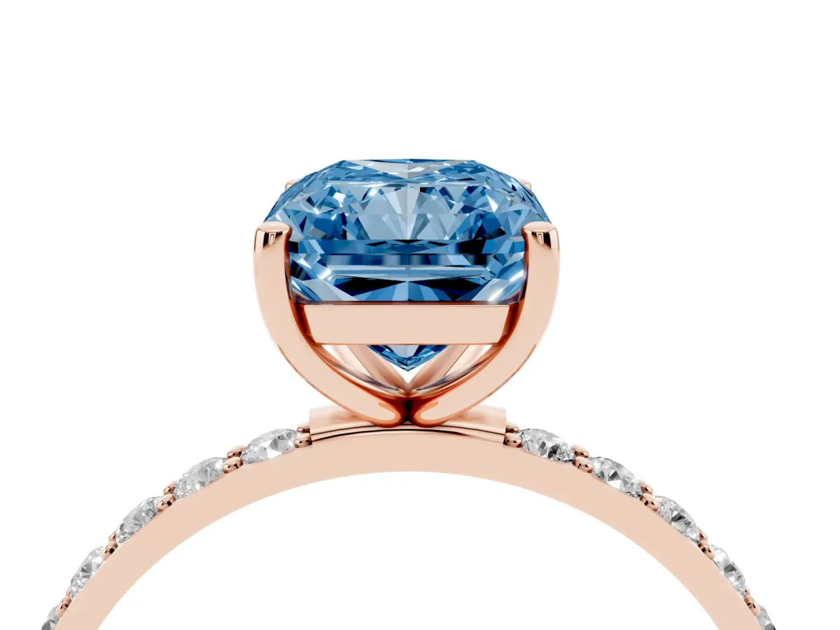 Fancy Blue Radiant Cut Diamond Solitaire Ring with Round Pavé Shoulders and Prong Setting Rose gold