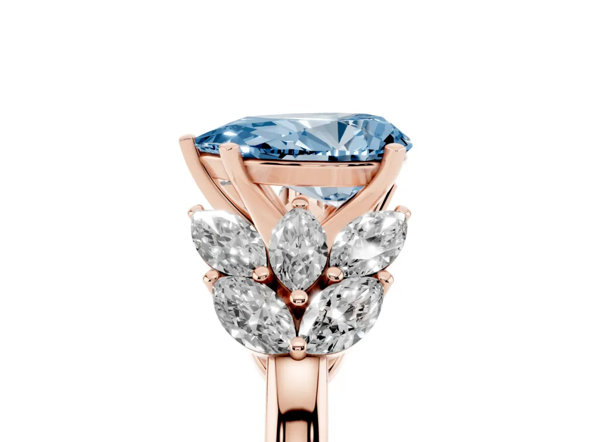 Fancy Blue Pear Cut Diamond Cluster Leaf Design Ring with Prong Setting Rose gold