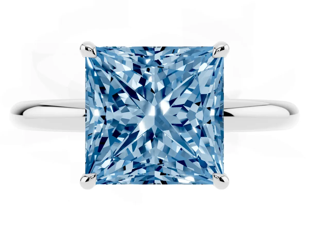 Fancy Blue Princess Cut Diamond Solitaire Ring with Thin Band and Four-Prong Setting Platinum