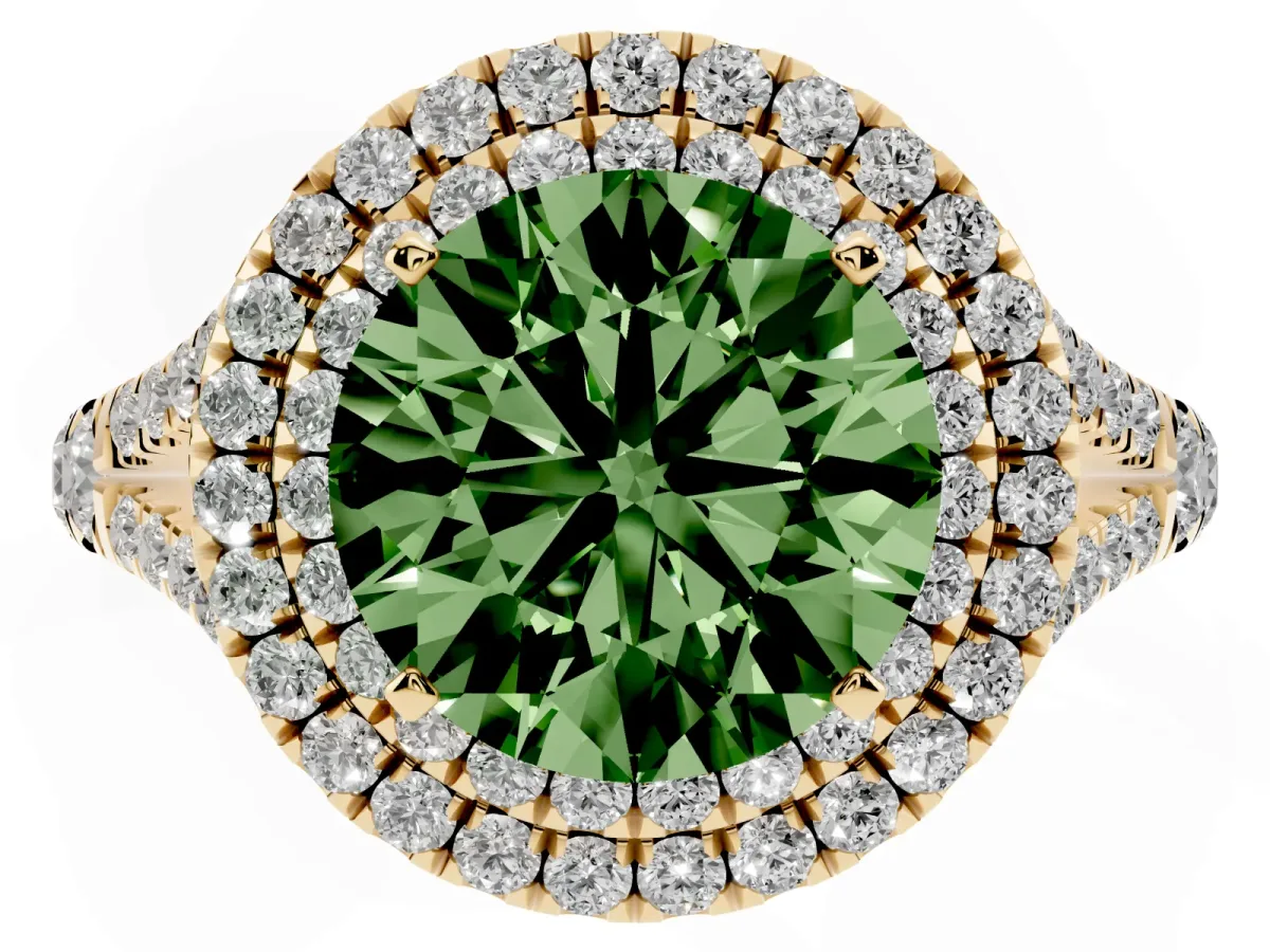 Fancy Green Double Halo Round Cut Diamond Split Shank Engagement Ring with Four-Prong Setting Yellow gold