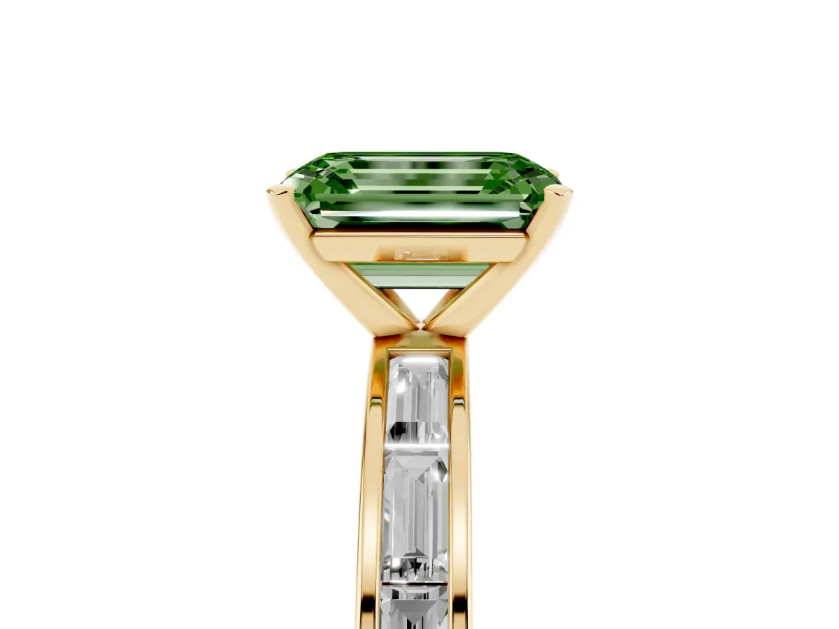 Fancy Green Emerald Cut Solitaire Diamond Ring with Channel-Set Baguette Band and Four-Prong Setting Yellow gold