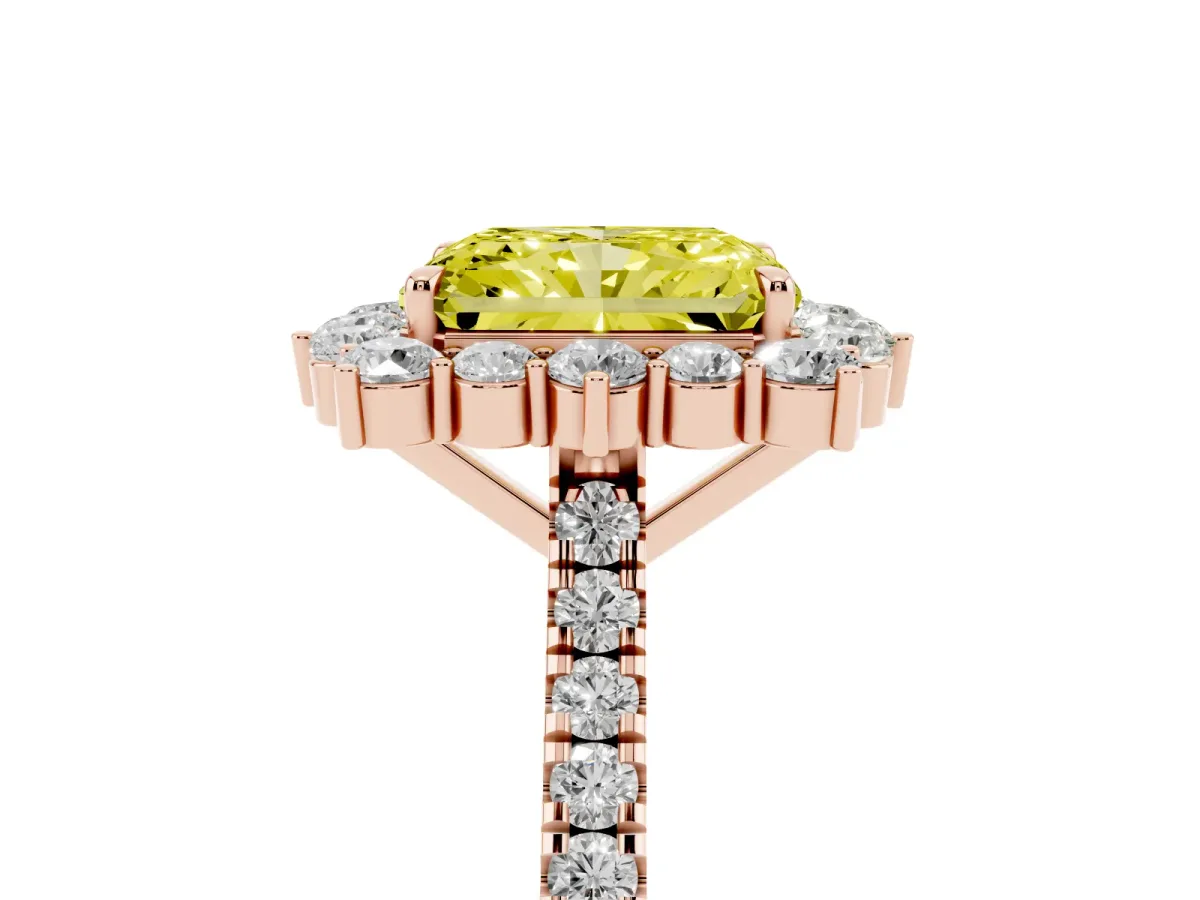 Fancy Yellow Radiant Cut Halo Diamond Ring with Pavé Band and Prong Setting Rose gold