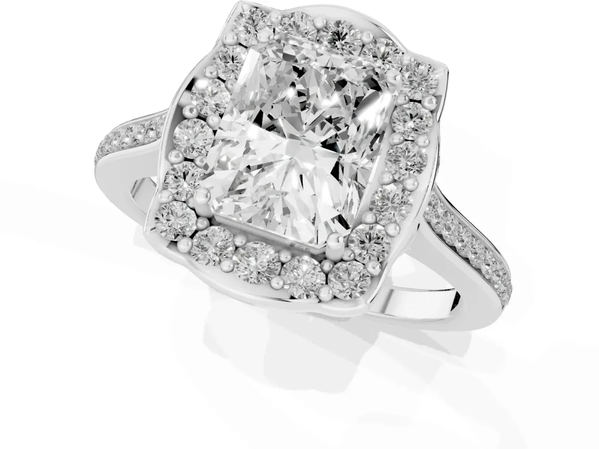 Radiant Cut Halo Round Diamond Pave Band with Four-Prong Setting Platinum