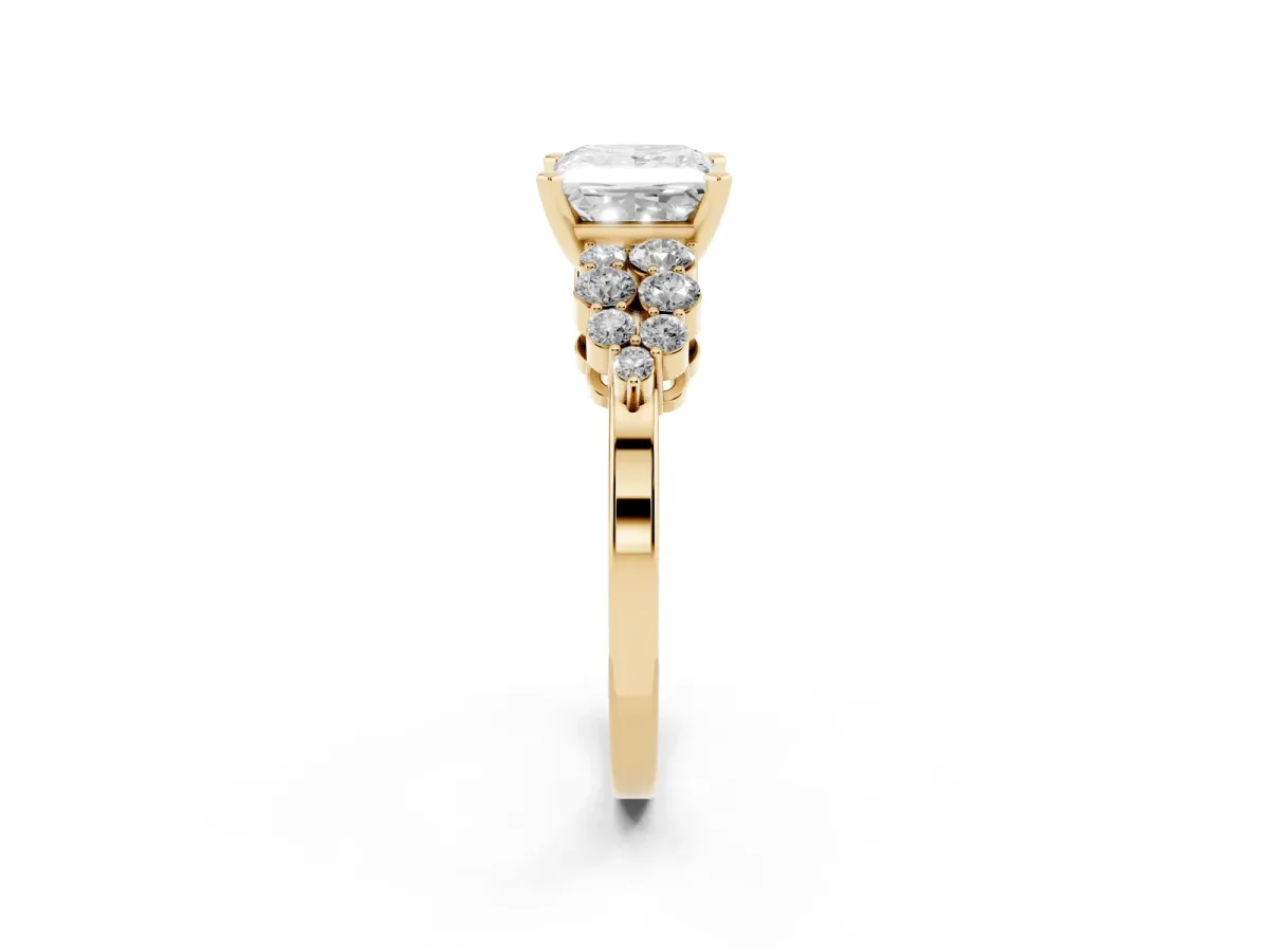 Princess Cut Cluster Diamond Engagement Ring with Pavé Band and Four-Prong Setting Yellow gold
