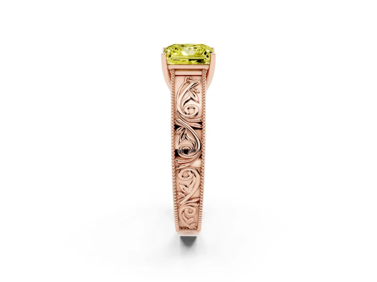 Fancy Yellow Princess Cut Diamond Solitaire Ring with Engraved Band and Four-Prong Setting Rose gold