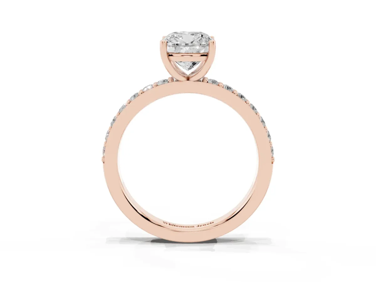 Cushion Cut Cut Diamond Solitaire with Pave Band and Four-Prong Setting Rose gold