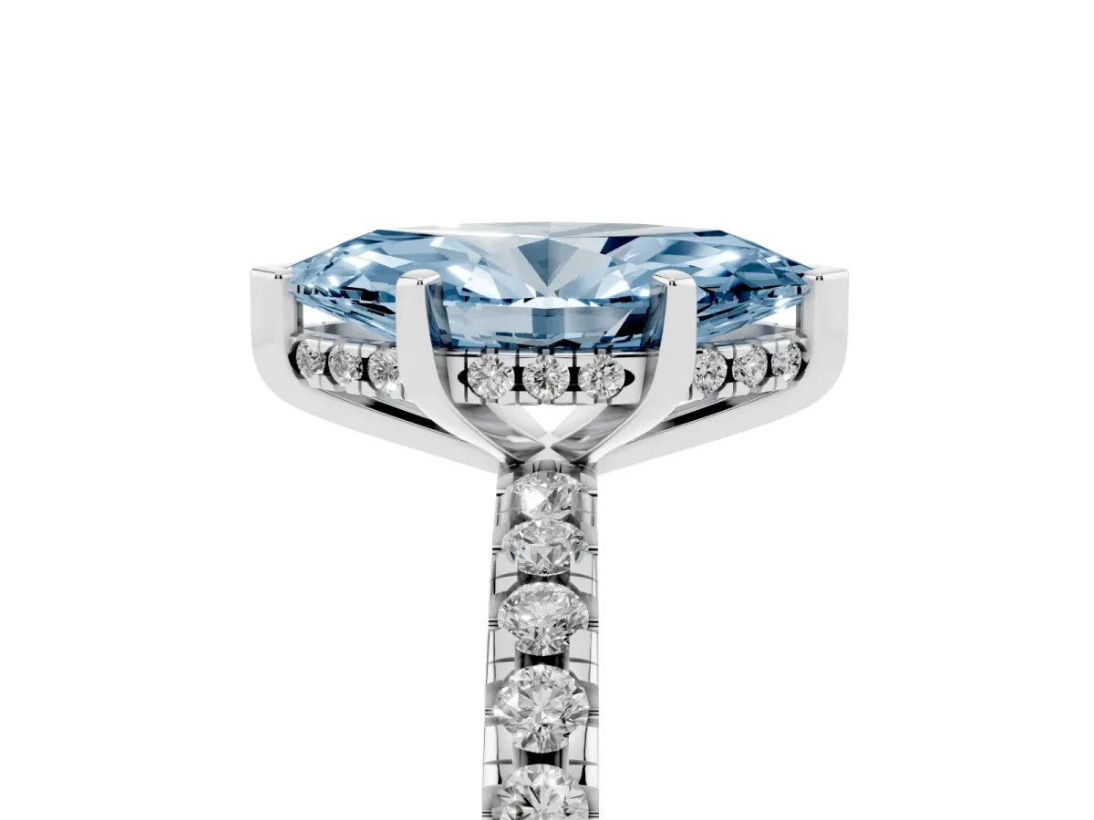 Fancy Blue Marquise Cut Diamond Solitaire Ring with Round Pavé Band and Four-Prong Setting Platinum