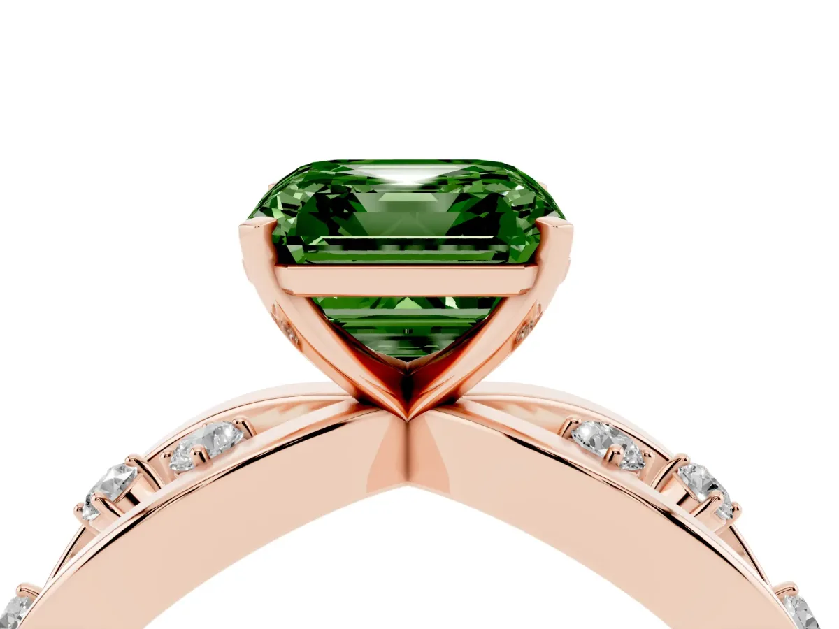 Fancy Green Asscher Cut Cut Solitaire Diamond with Side Stones on Criss-Cross Band and Four-Prong Setting Rose gold