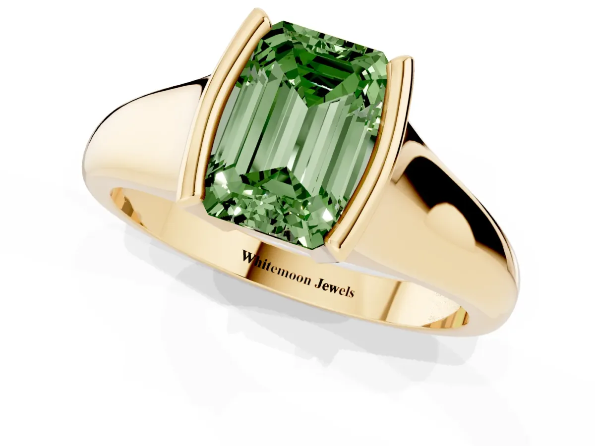 Fancy Green Emerald Cut Solitaire Tension Set Diamond Ring with Split Shank Band Yellow gold