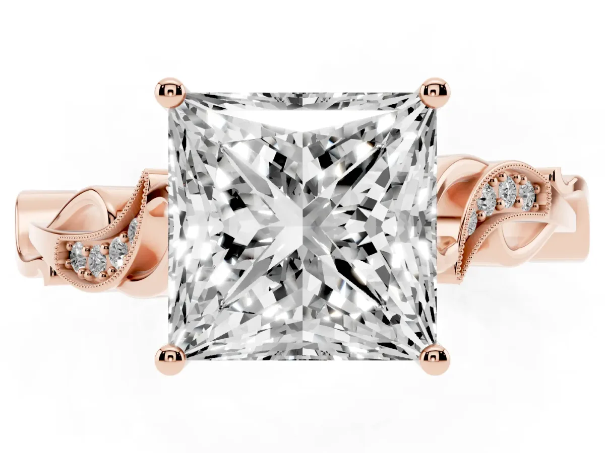 Princess Cut Solitaire Vine Band with Milgrain Prong Setting Rose gold